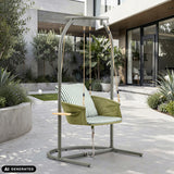 Skylo hangstoel in groen en beige met gestreepte bekleding en metalen frame van hjh LIVING (AI-gegenereerde afbeelding)