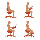Schematische weergave van vier verschillende zitposities op de EvoShift kniekruk van hjh OFFICE