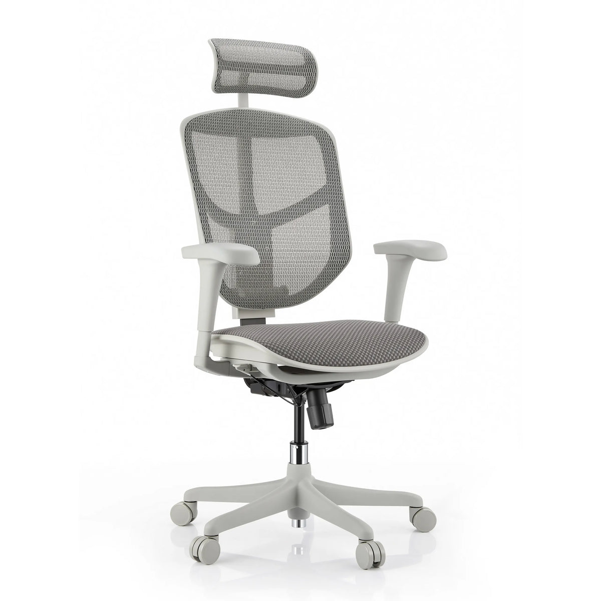Kantoorstoel Enjoy Eco FG in grijs met mesh-bekleding, hoofdsteun en armleuningen van hjh OFFICE