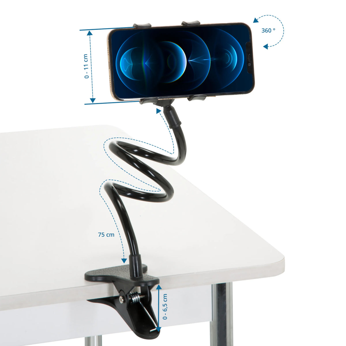Maattekening van de Houder voor mobiele telefoon & tablet FLEXMOBI met 75 cm armlengte van hjh OFFICE