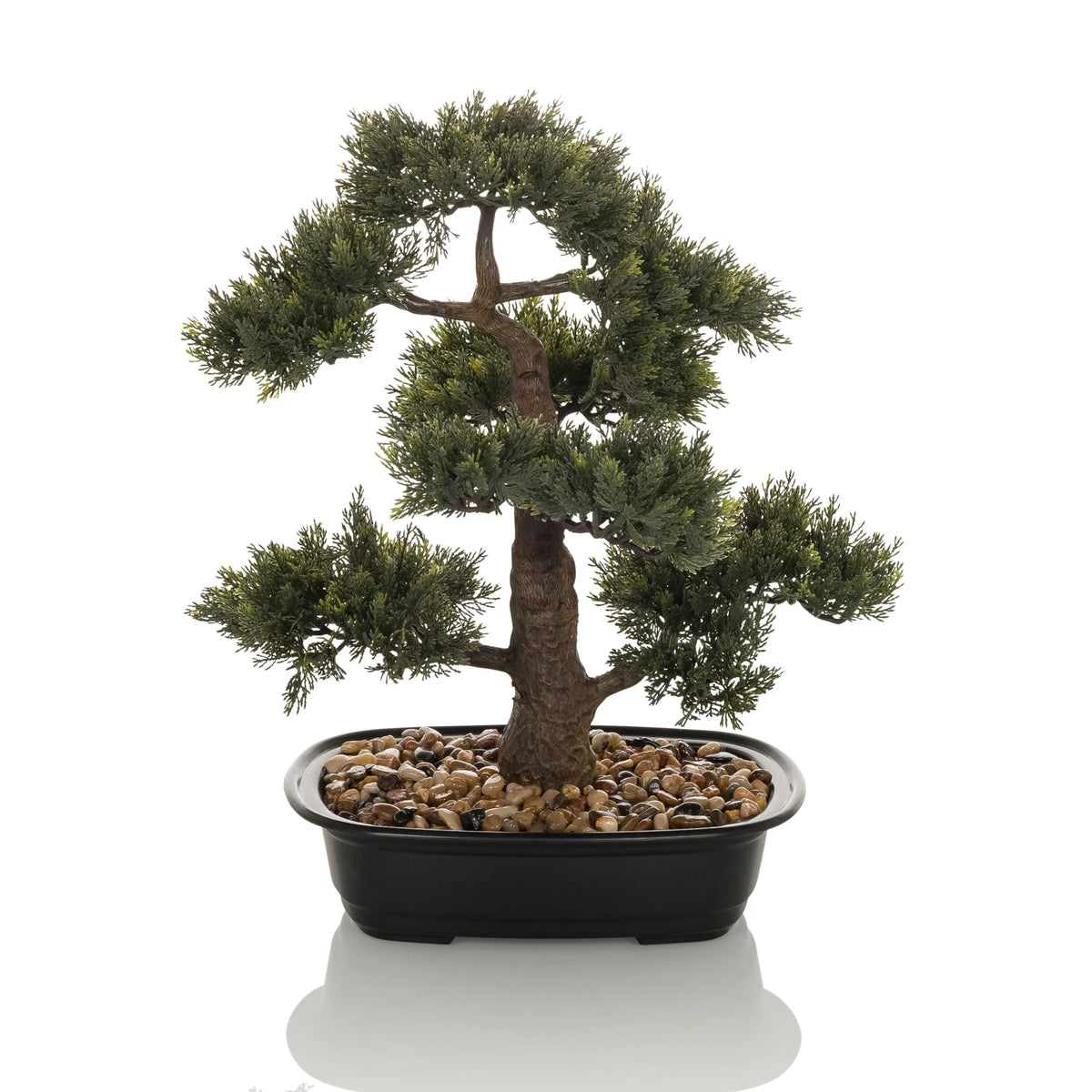 Groene Kunstplant BONSAI in de vorm van een bonsai in een zwarte pot met kiezels van hjh OFFICE – 360-gradenweergave (zijaanzicht 90°)