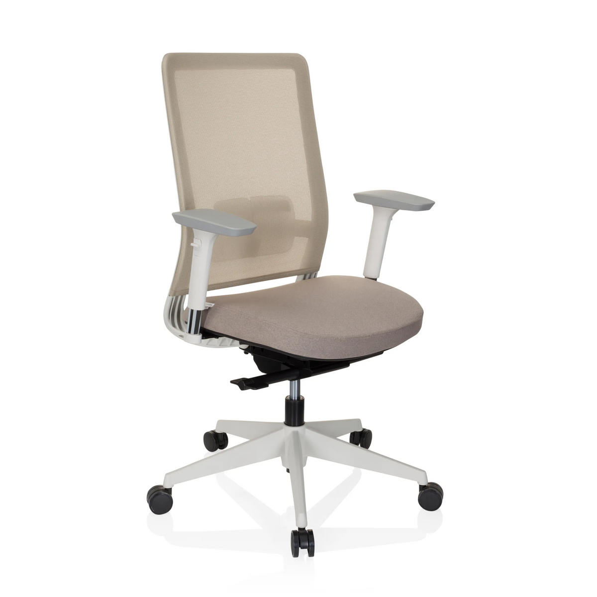 Beige professionele bureaustoel PURE WHITE met netrugleuning en vijfpoot met zwenkwielen van hjh OFFICE – 360-gradenweergave (schuin vooraanzicht 40°)
