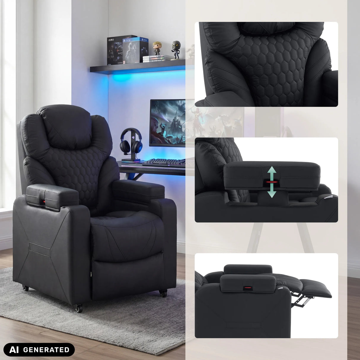Zwarte Game Sport RX loungestoel met verstelbare hoofdsteun en hocker van hjh OFFICE (AI-gegenereerde afbeelding)