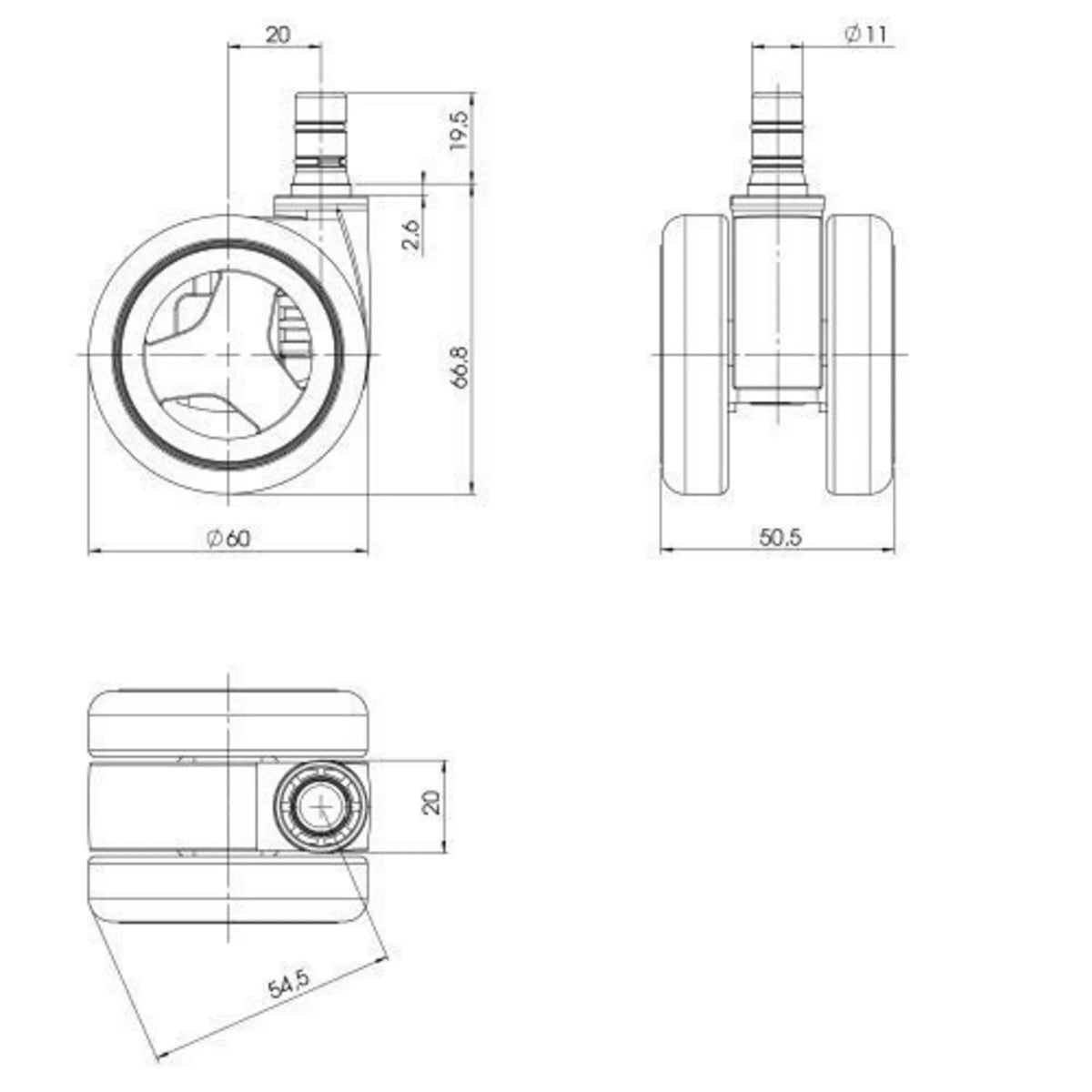 Technische tekening van de Bureaustoelwielen 5x ROLO GAME No-Noise 11mm/60mm met een diameter van 60 mm van hjh OFFICE