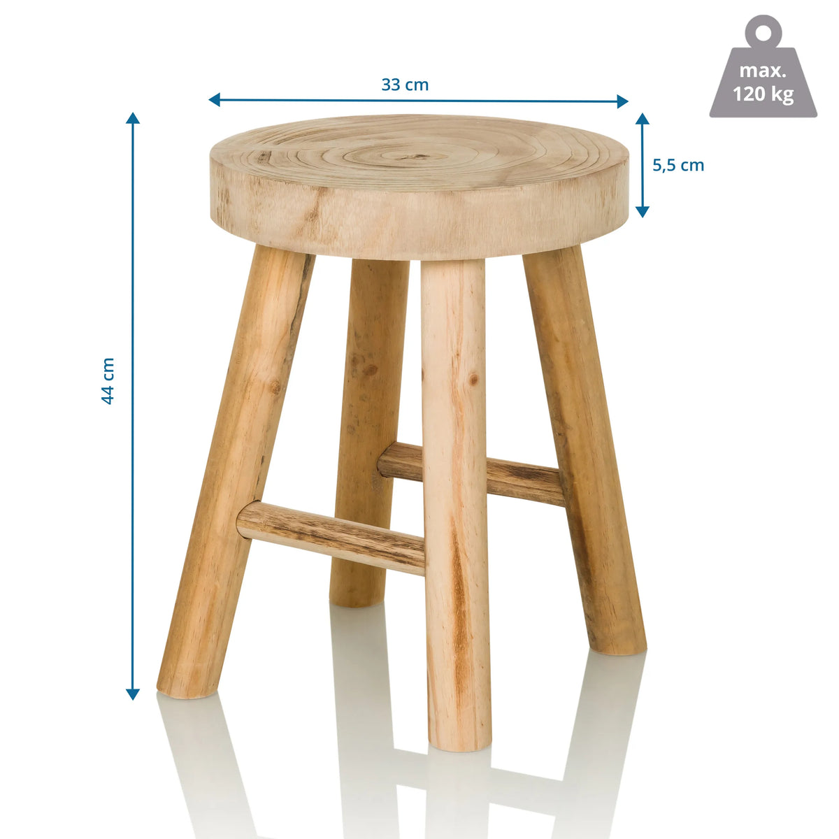 Maatvoering van de kruk RUSTIKO W met 44 cm hoogte en 33 cm diameter van hjh LIVING
