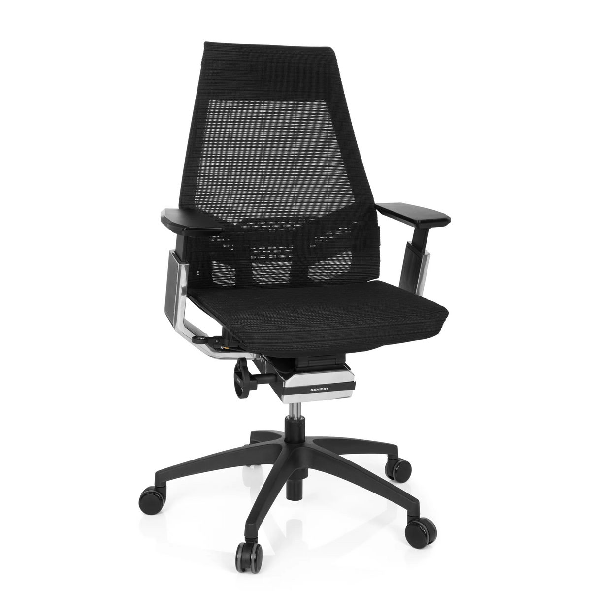 Zwarte Professionele bureaustoel GENIDIA SMART BLACK CM met netrug en vijfpoot met wielen van hjh OFFICE – 360-gradenweergave (vooraanzicht 20°)