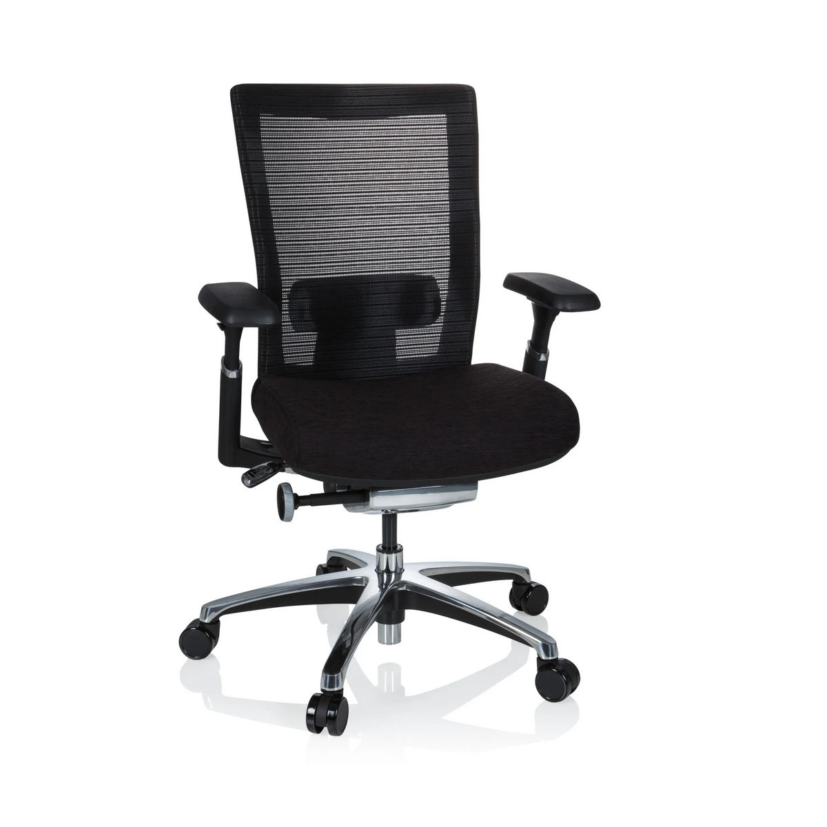 Zwarte High end bureaustoel NOVA PRO ALU met netrugleuning en vijfpoot met wieltjes van hjh OFFICE – 360-gradenweergave (vooraanzicht 20°)