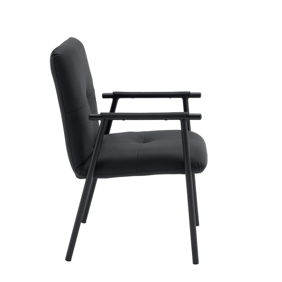 Zijaanzicht van de gestoffeerde stoel Lifea Flex met zwarte kunstlederen bekleding en armleuningen van hjh LIVING