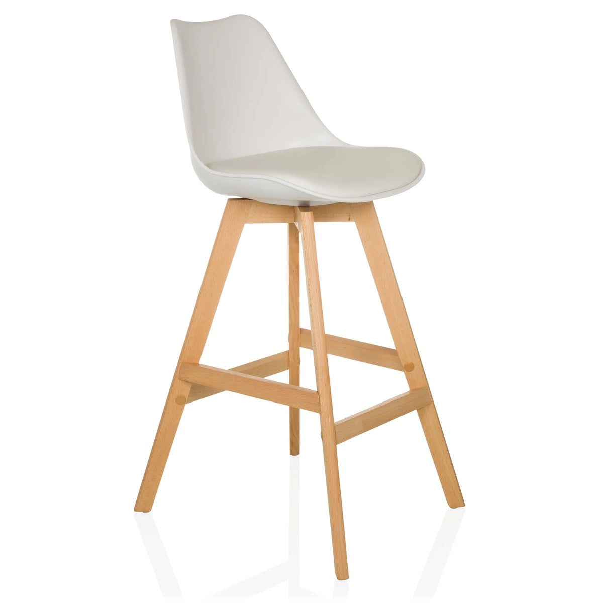 Witte Barkruk SCANDI HIGH met houten frame en voetsteun van hjh LIVING – 360-gradenweergave (schuin vooraanzicht 45°)