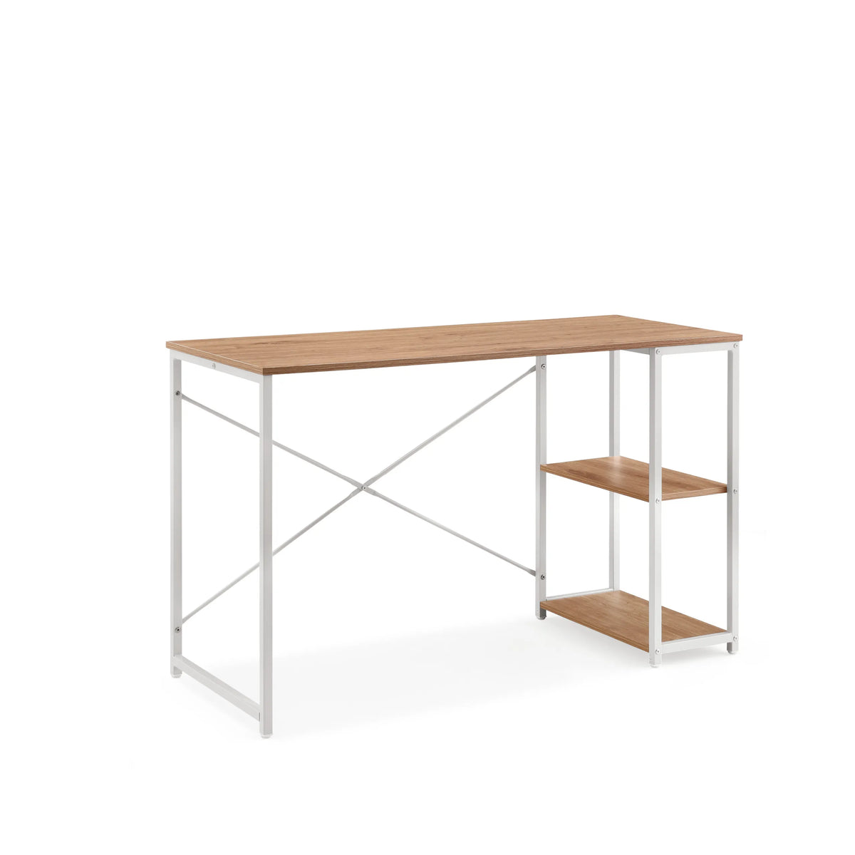 Bureau Easy Up2 in wit en eiken met geïntegreerd rek en X-steun van hjh LIVING – 360-gradenweergave (schuin vooraanzicht 30°)