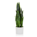 Groene Kunstplant SANSEVIERIA in een witte buitenpot van hjh OFFICE – 360-gradenweergave (vooraanzicht 0°)