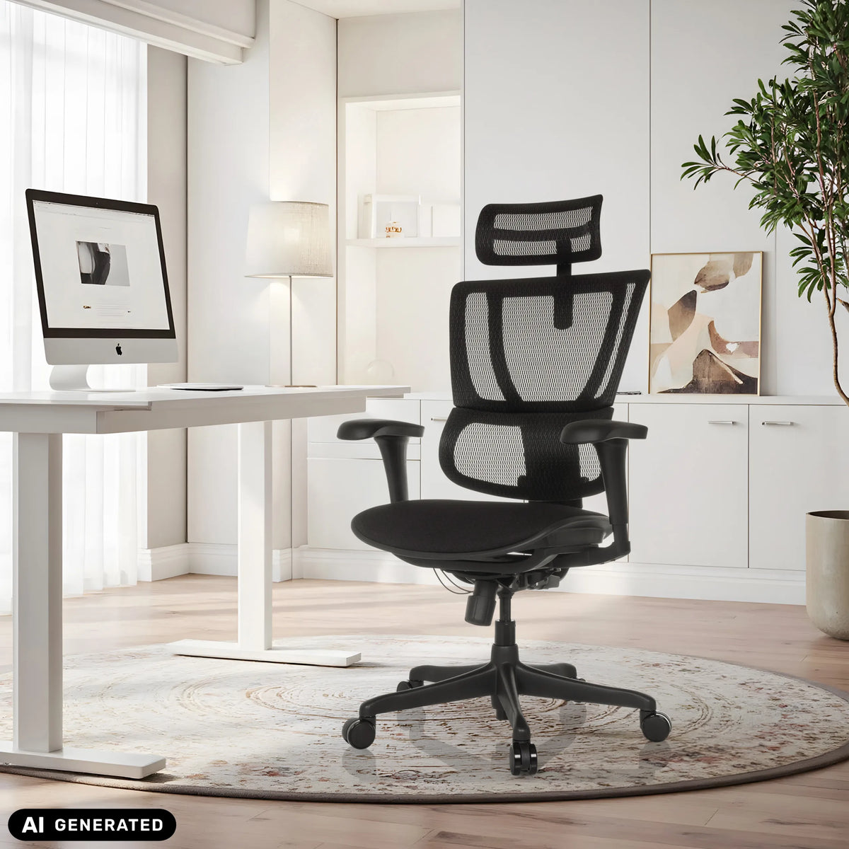 Zwarte luxe directiestoel ERGOHUMAN SLIM ECO F GEN2 met netrug voor thuiskantoor van hjh OFFICE (AI-gegenereerde afbeelding)