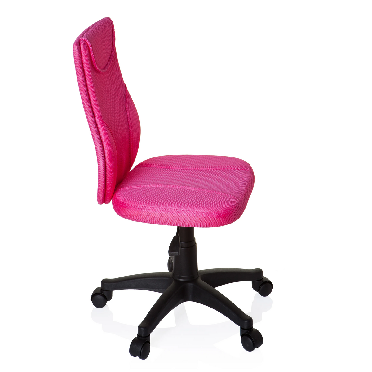 Pinker Kinderdrehstuhl KIDDY BASE mit Netzrücken und schwarzem Fußkreuz mit fünf Rollen von hjh OFFICE – 360-Grad-Ansicht (Seitenprofil 80°)