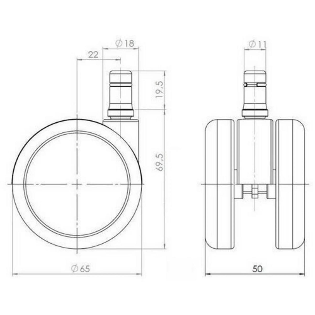 Technische tekening van de Bureaustoelwielen 5x ROLO 11mm/65mm met een diameter van 65 mm van hjh OFFICE
