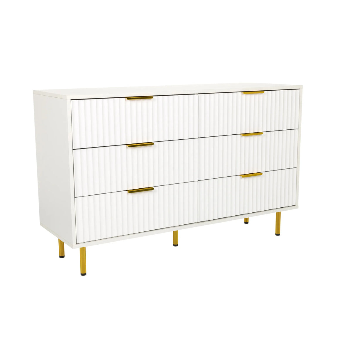 Wit Dressoir HJELLE met zes lades, geribbelde fronten en gouden poten van hjh LIVING – 360-gradenweergave (schuin vooraanzicht 30°)