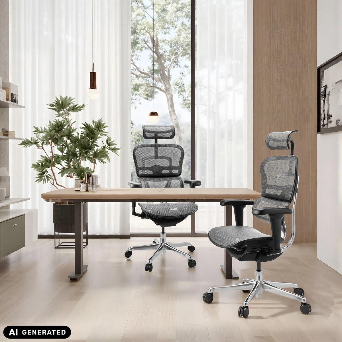 Twee grijze ERGOHUMAN ULTRA GEN2 luxe directiestoelen met netrug bij een bureau van hjh OFFICE (AI-gegenereerde afbeelding)