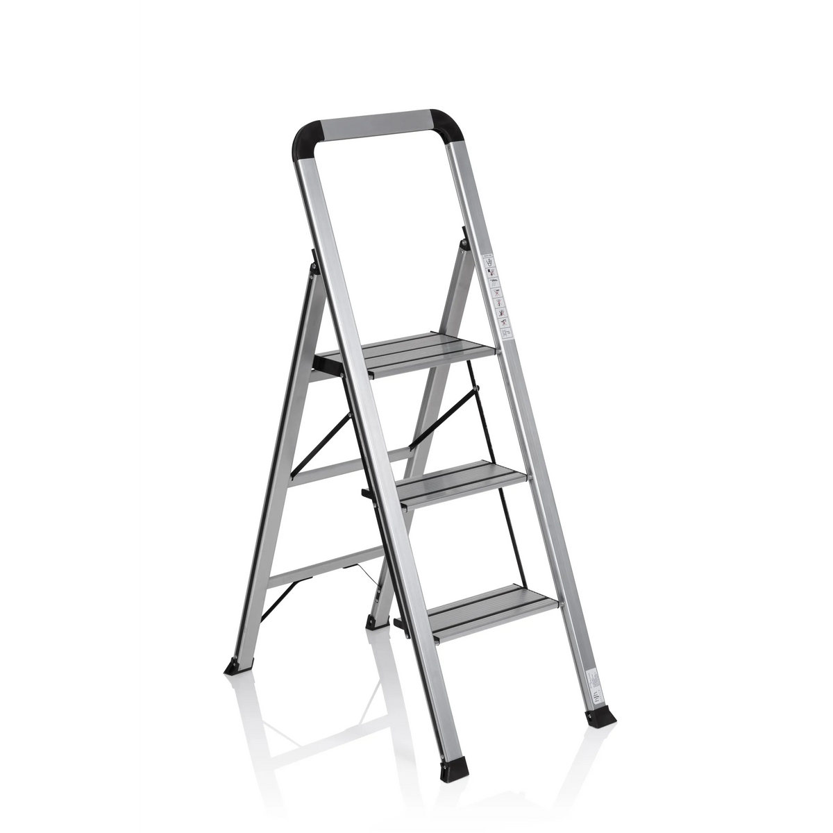 Zilverkleurige aluminium klaptrap SOLID V met drie treden en handgreep van hjh OFFICE – 360-gradenweergave (schuin vooraanzicht 40°)