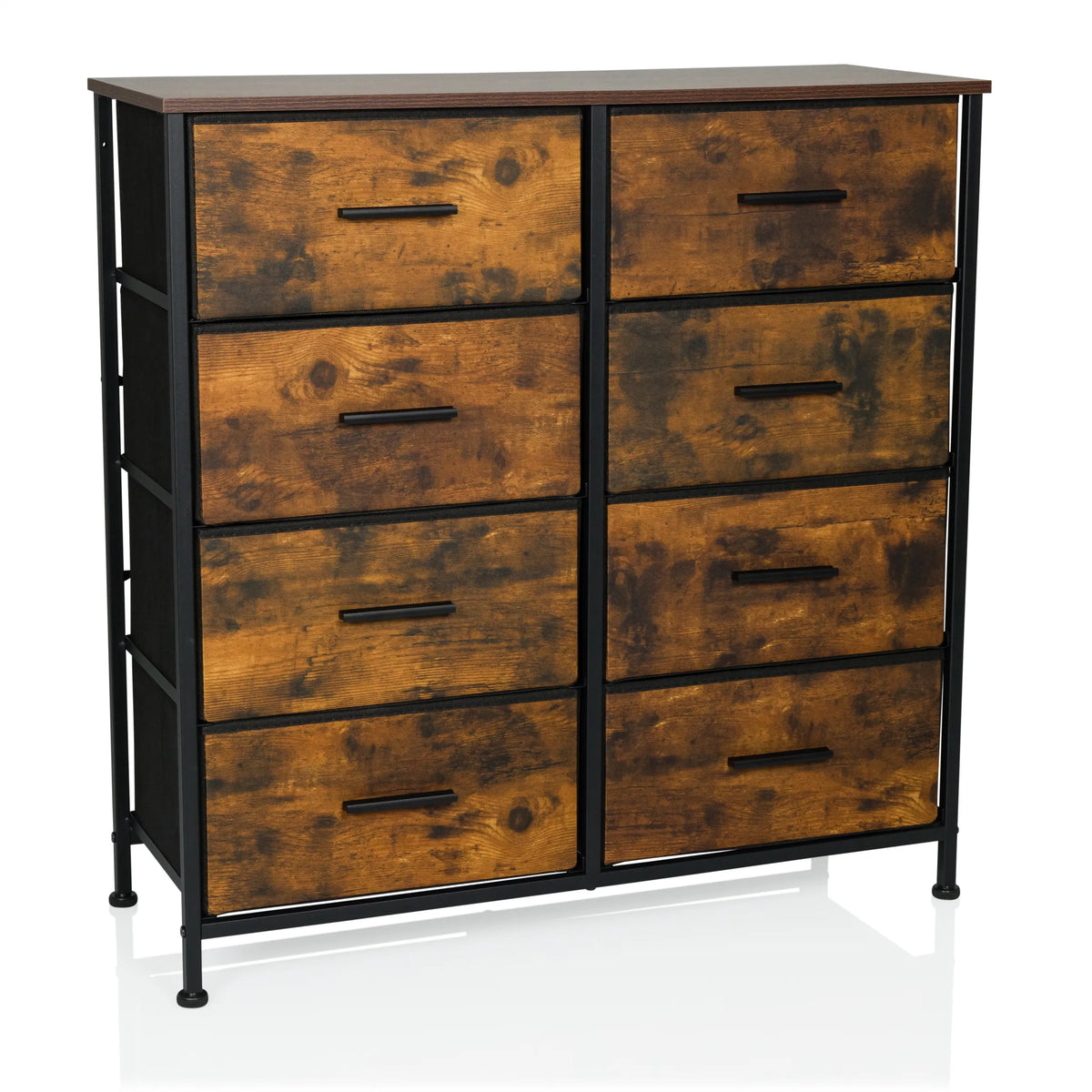 Commode RAGALA LIGHT in gerookt eiken met acht laden en een zwart metalen frame van hjh LIVING – 360-gradenweergave (vooraanzicht 15°)