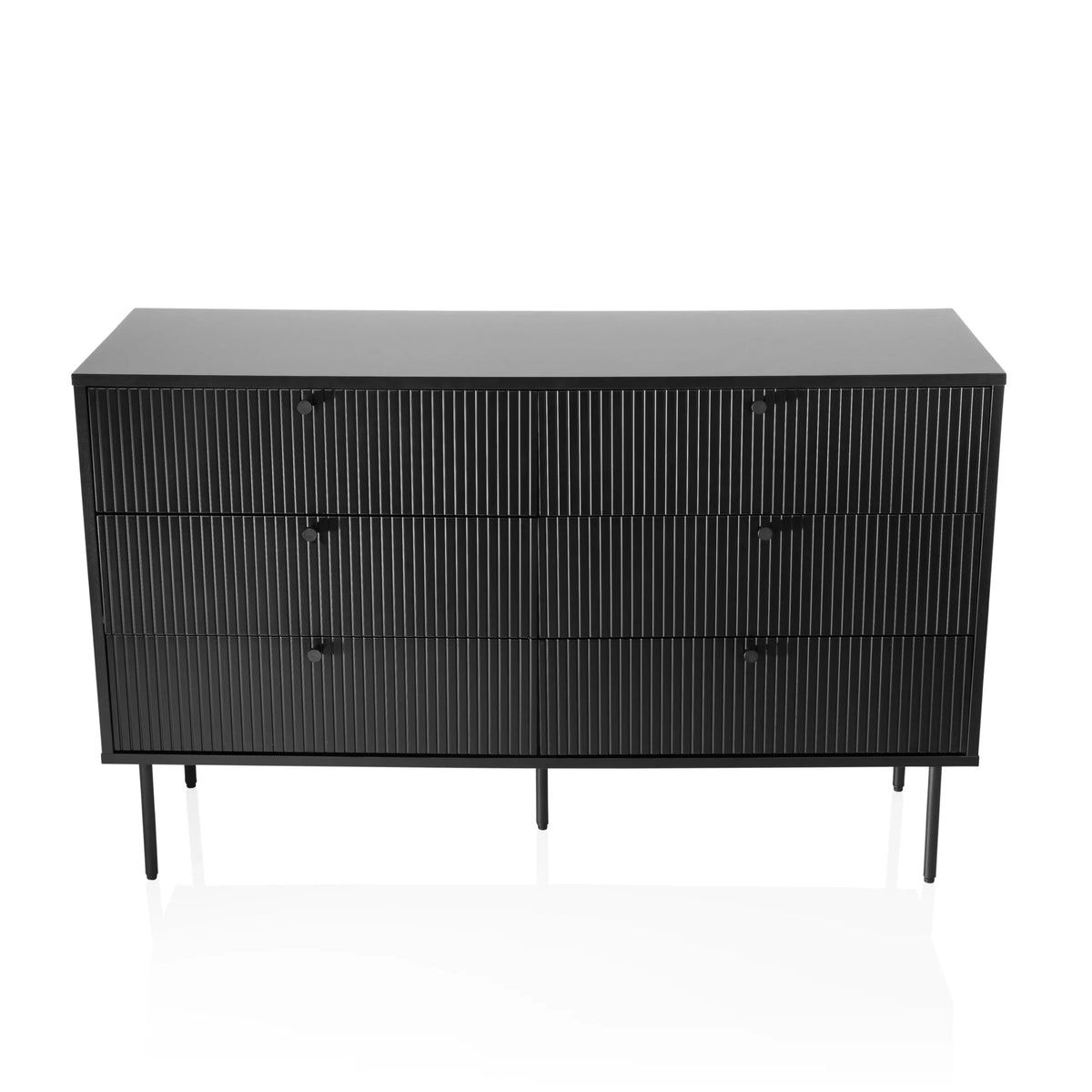 Zwart dressoir KARBY S met verticaal gegroefde fronten en zes knopgrepen van hjh LIVING – 360-gradenweergave (vooraanzicht 0°)