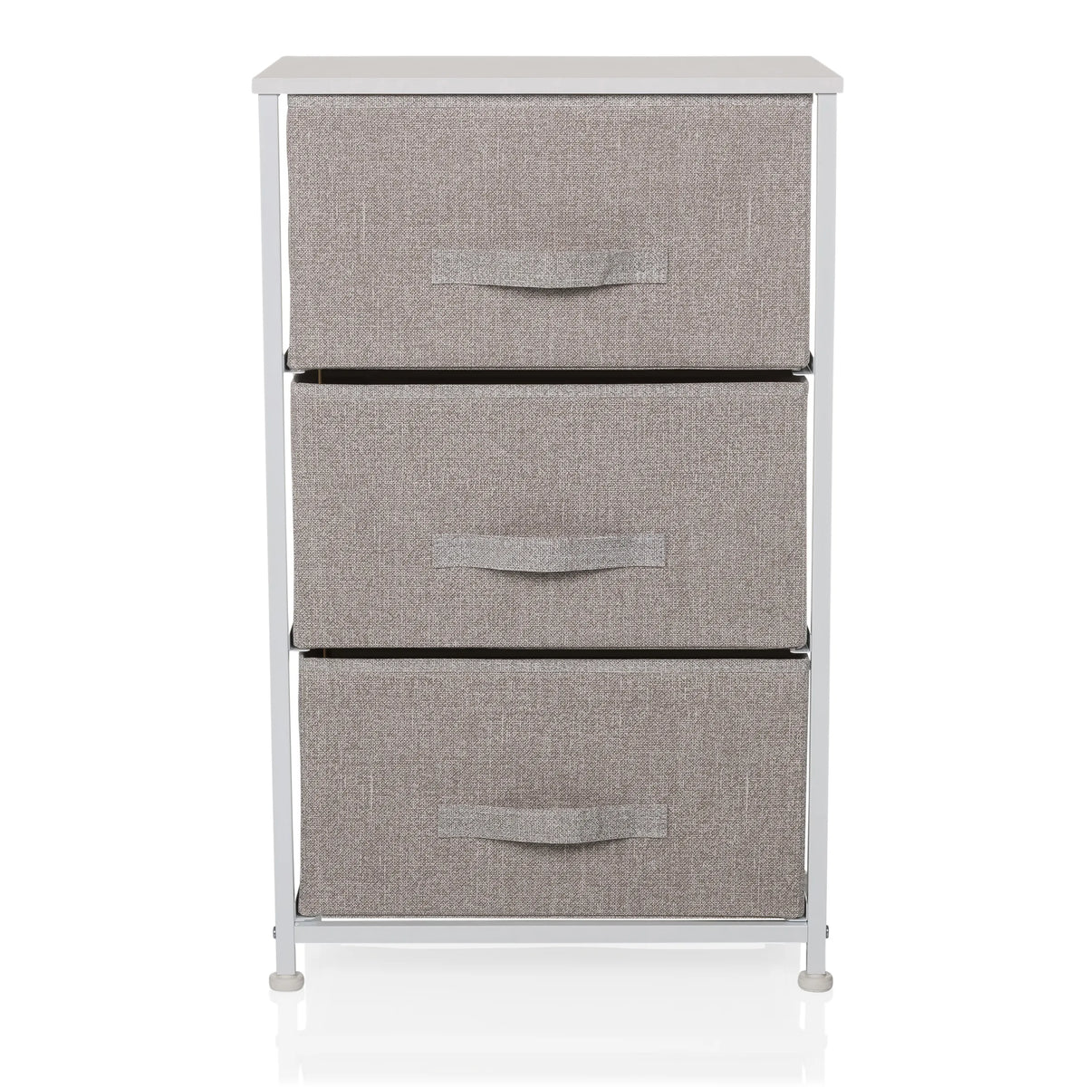 Grijze Commode FOLDRESS M met drie stoffen laden en een wit frame van hjh LIVING – 360-gradenweergave (vooraanzicht 0°)