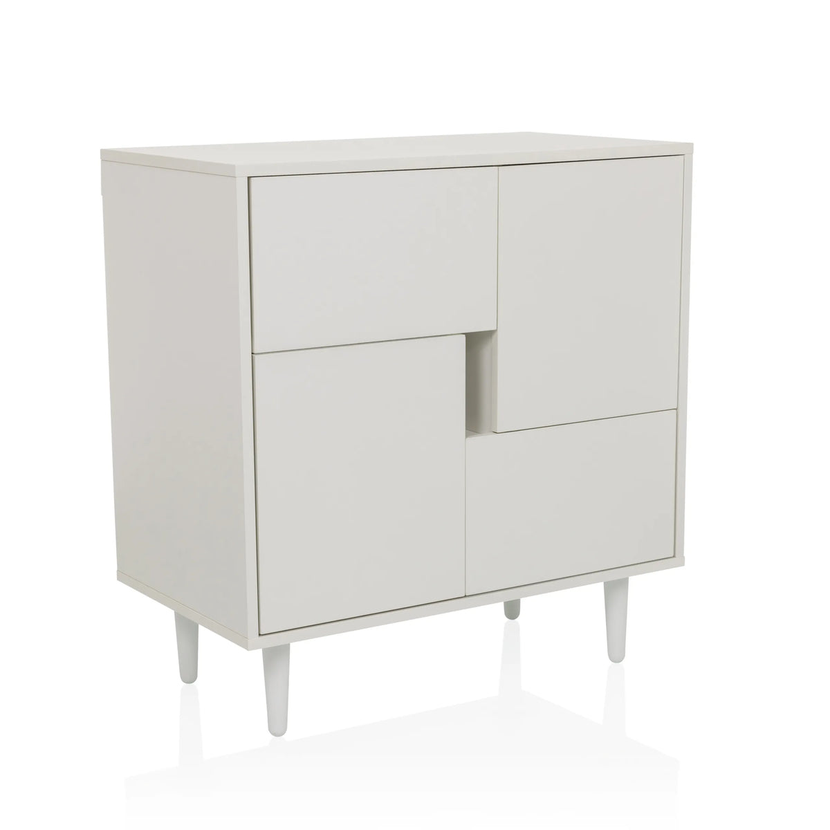 Witte Commode LYKKJA met asymmetrische frontverdeling en vier poten van hjh LIVING – 360-gradenweergave (schuin vooraanzicht 30°)