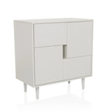 Witte Commode LYKKJA met asymmetrische frontverdeling en vier poten van hjh LIVING – 360-gradenweergave (schuin vooraanzicht 30°)