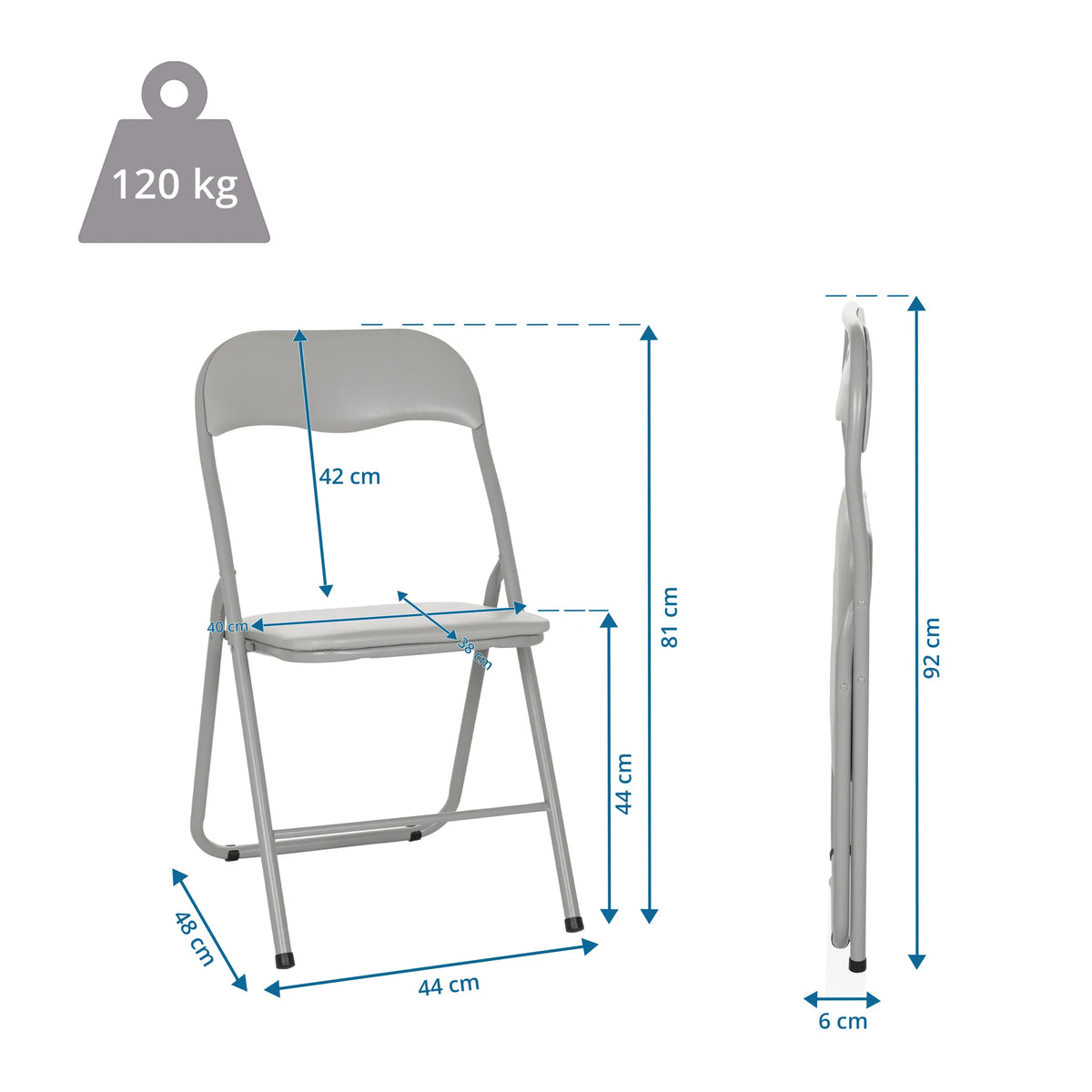 Maattekening van de Klapstoel TUDELA BASIC met een totale hoogte van 92 cm en een draagvermogen van 120 kg van hjh OFFICE