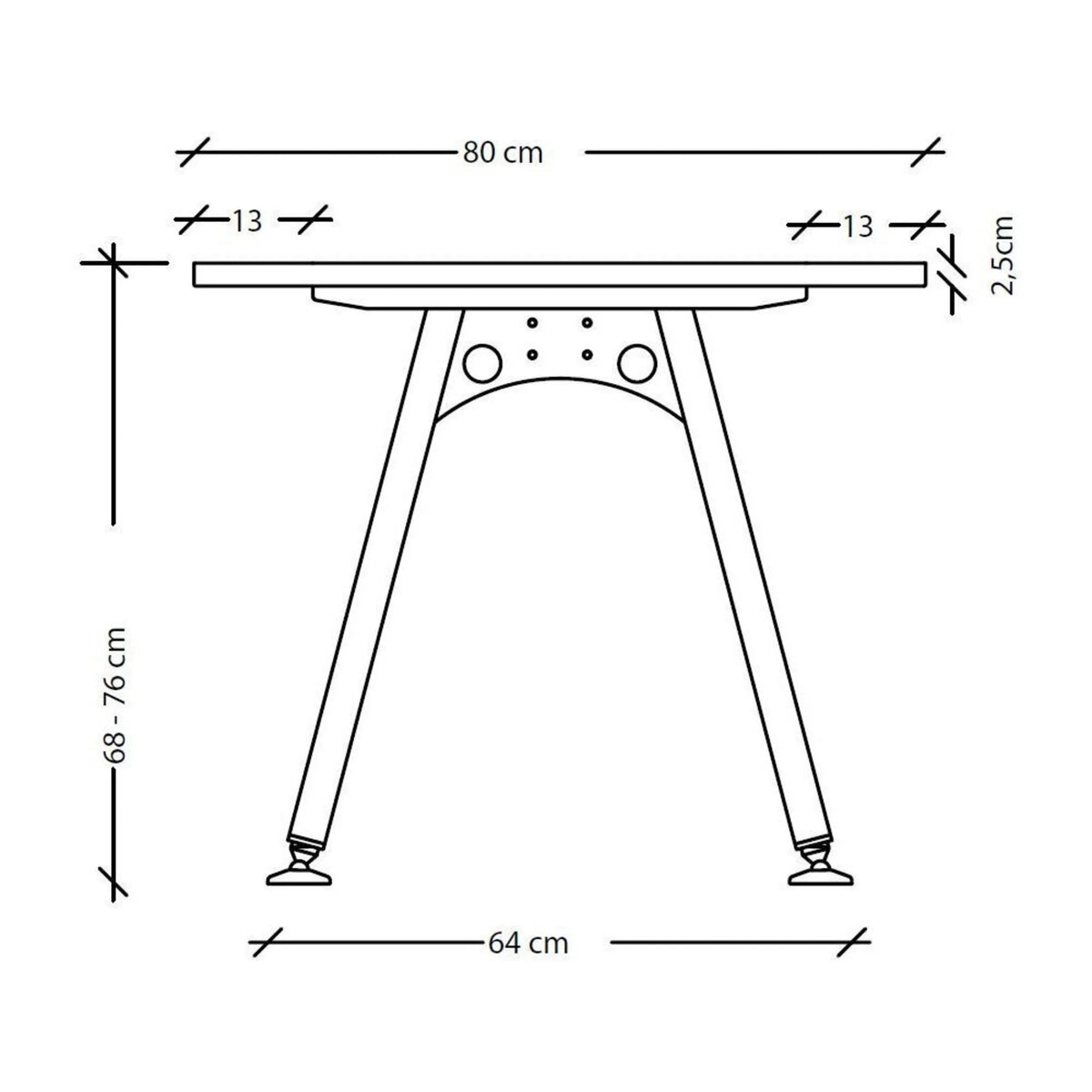 Maßzeichnung des Schreibtisches ATOS 18 S mit einer Breite von 80 cm und Höhe von 68-76 cm von hjh OFFICE PRO