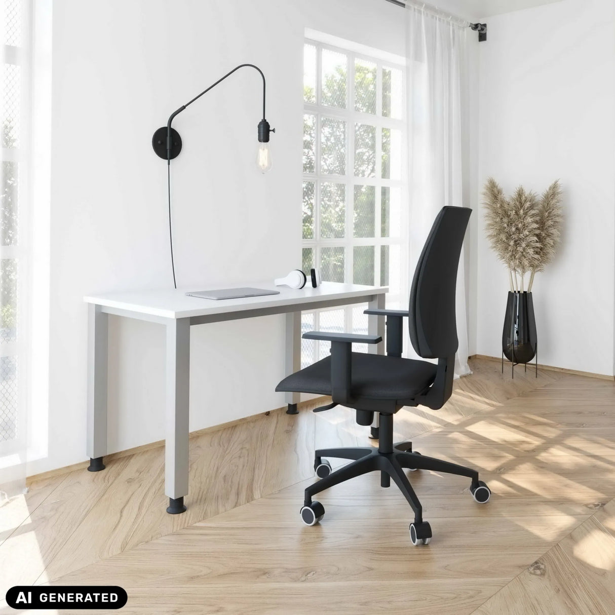 Hoogteverstelbaar bureau QUEO 612 S in wit en zilver van hjh OFFICE PRO (AI-gegenereerde afbeelding)