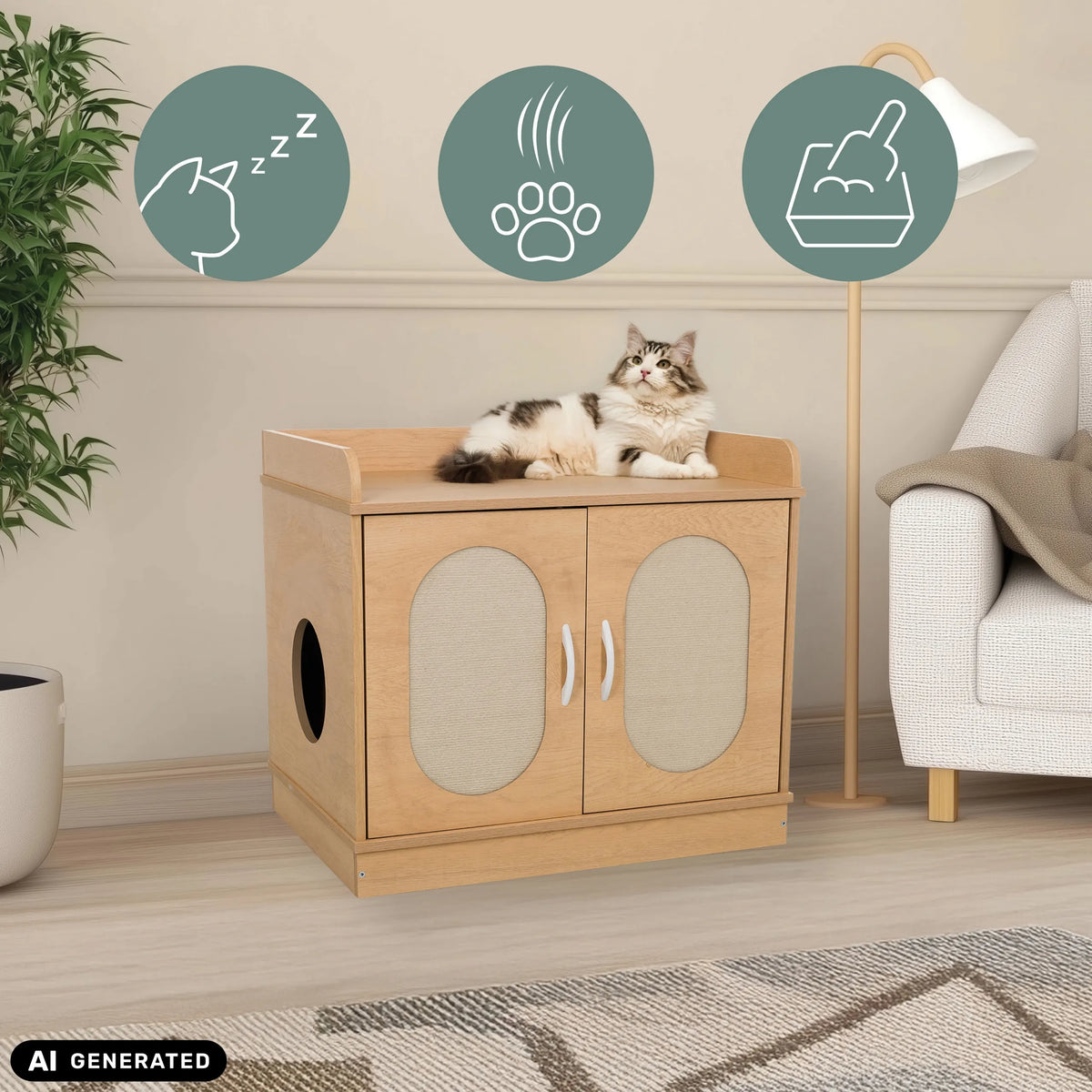 Kattenhuis KITTYHOME 2 in beukenlook met twee deuren en een cirkelvormige opening van hjh LIVING (AI-gegenereerde afbeelding)