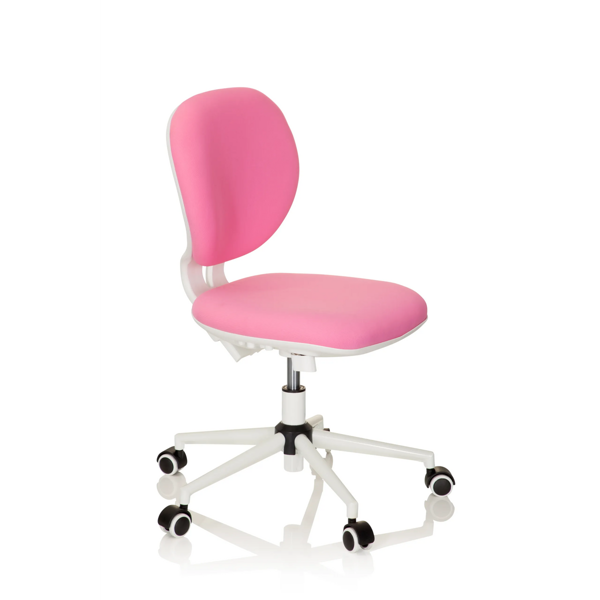 Roze Kinder bureaustoel KID VIVO met wit kruisvoet en vijf zwenkwielen van hjh OFFICE – 360-gradenweergave (schuin vooraanzicht 60°)