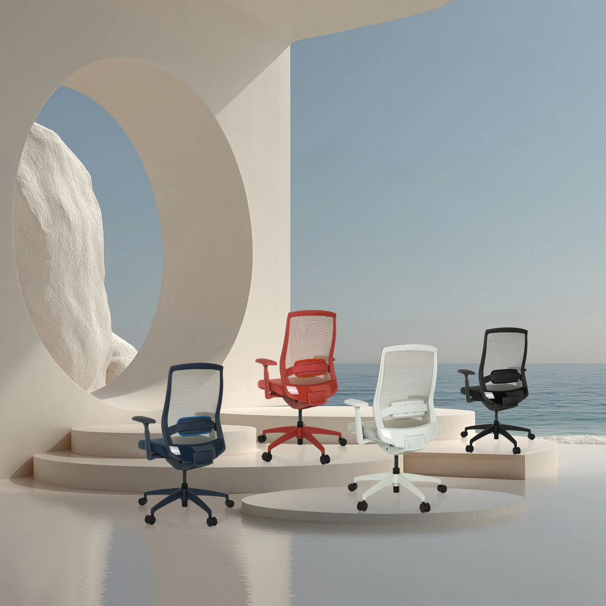 Vier professionele bureaustoelen COLORE in verschillende kleuren met netrugleuningen van hjh OFFICE