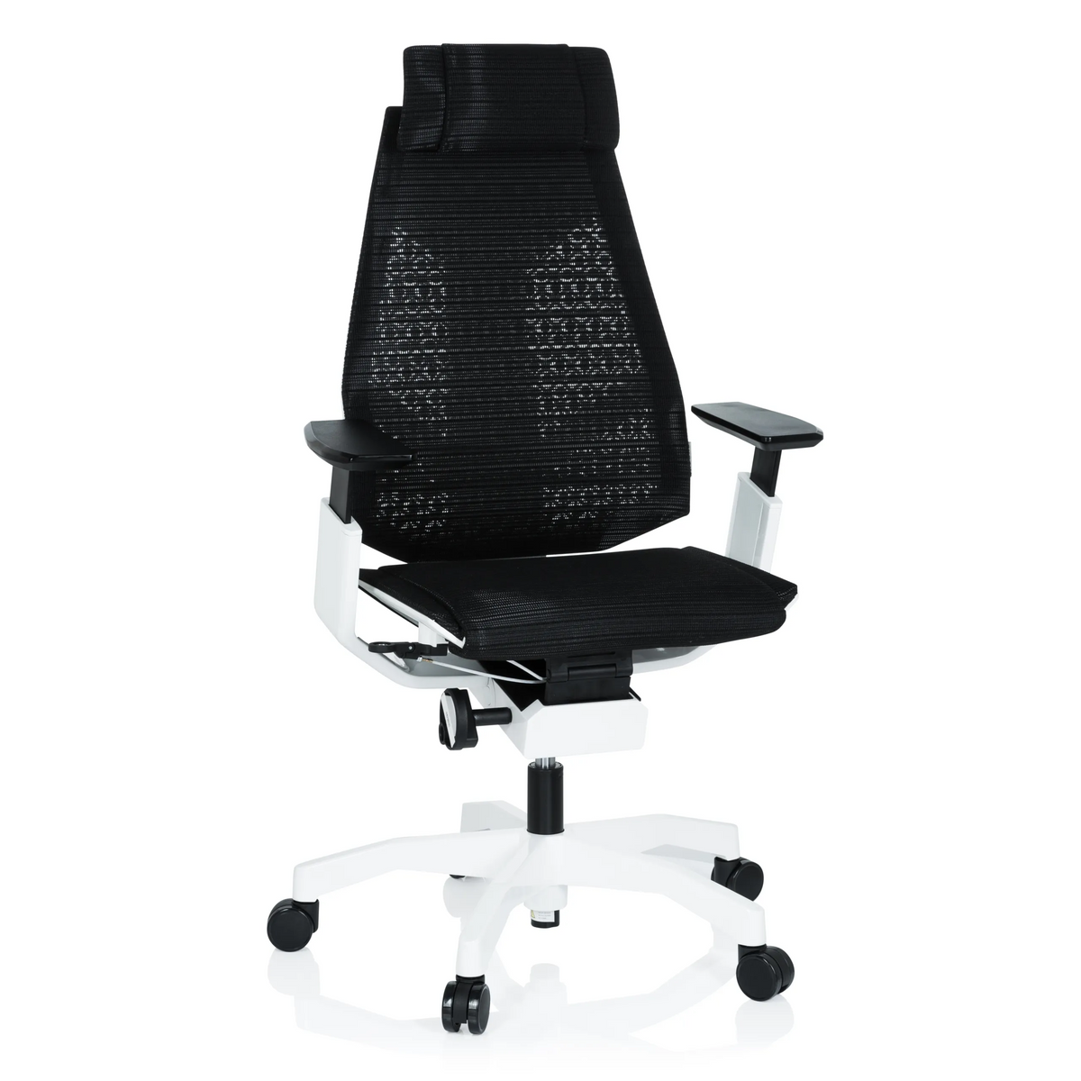 Zwarte high end bureaustoel GENIDIA PRO WHITE met netrugleuning en wit vijfster-onderstel met wieltjes van hjh OFFICE – 360-gradenweergave (vooraanzicht 20°)
