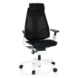 Zwarte high end bureaustoel GENIDIA PRO WHITE met netrugleuning en wit vijfster-onderstel met wieltjes van hjh OFFICE – 360-gradenweergave (vooraanzicht 20°)