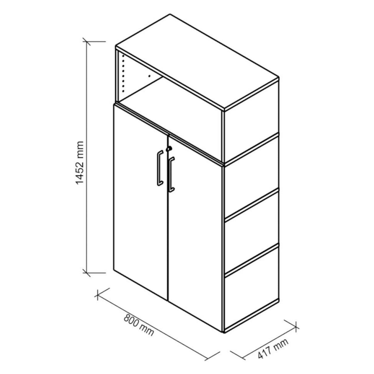 Technische tekening van de archiefkast FlexWall met 1452 × 800 mm van hjh OFFICE PRO