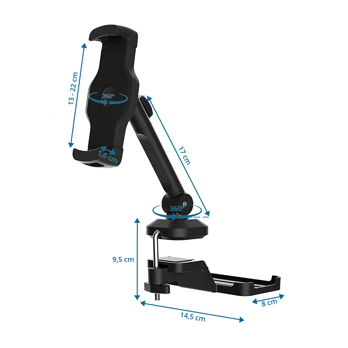 Maattekening van de Houder voor mobiele telefoon & tablet FLEXMOBI III met een hoogte van 17 cm van hjh OFFICE