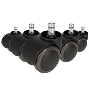Vijf zwarte 5x ROLO 10mm/50mm Bureaustoelwielen voor harde vloeren met zilverkleurige pennen van hjh OFFICE