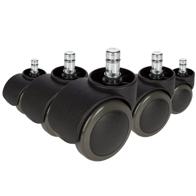 Fünf schwarze Stuhlrollen 5x ROLO 10mm/50mm für Hartböden mit silberfarbenen Bolzen von hjh OFFICE