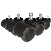 Vijf zwarte 5x ROLO 11mm/50mm Bureaustoelwielen voor harde vloeren met zilverkleurige bouten van hjh OFFICE