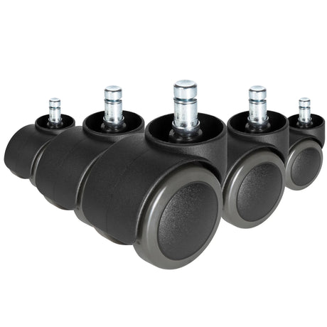 Vijf zwarte 5x ROLO FREE 10mm/50mm Bureaustoelwielen voor harde vloeren met zilverkleurige pinnen van hjh OFFICE