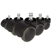 Vijf zwarte Bureaustoelwielen 5x ROLO No-Noise 11mm/50mm voor harde vloeren met metalen pennen van hjh OFFICE