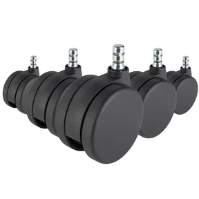 Vijf zwarte 5x ROLO No-Noise 11mm/75mm Bureaustoelwielen voor tapijtvloeren met zilverkleurige metalen pinnen van hjh OFFICE
