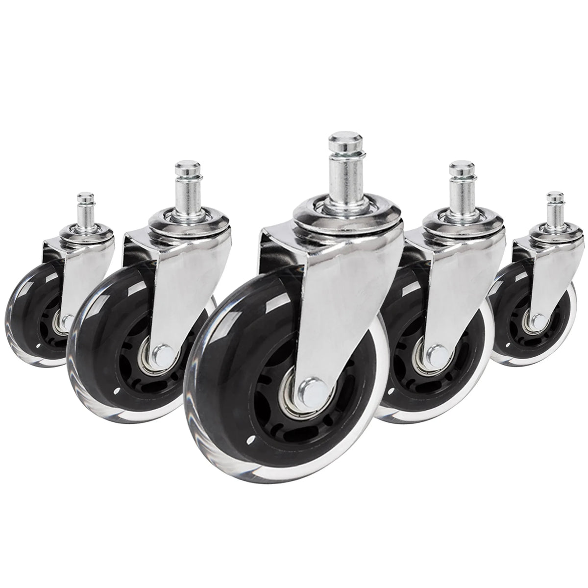 Vijf 5x ROLO SKATE CT 11mm/75mm bureaustoelwielen in zilver en transparant voor harde vloeren van hjh OFFICE