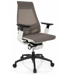 Professionele bureaustoel GENIDIA SMART WHITE met grijze netbekleding, witte armleuningen en zwart onderstel van hjh OFFICE