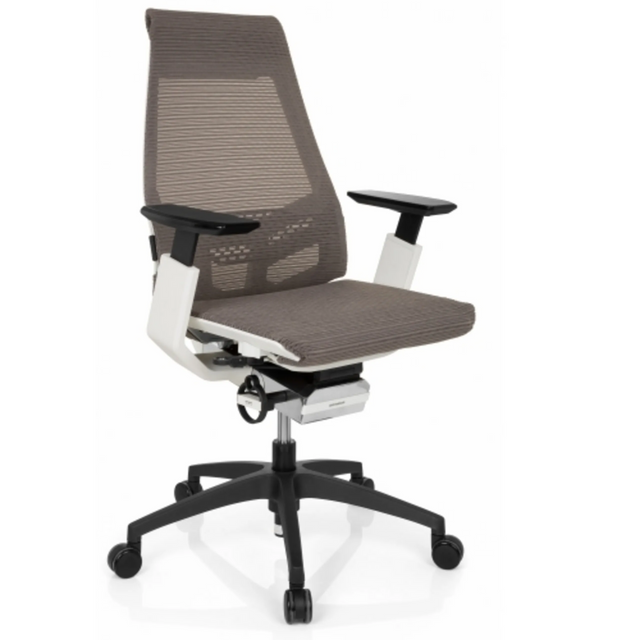 Professionele bureaustoel GENIDIA SMART WHITE met grijze netbekleding, witte armleuningen en zwart onderstel van hjh OFFICE