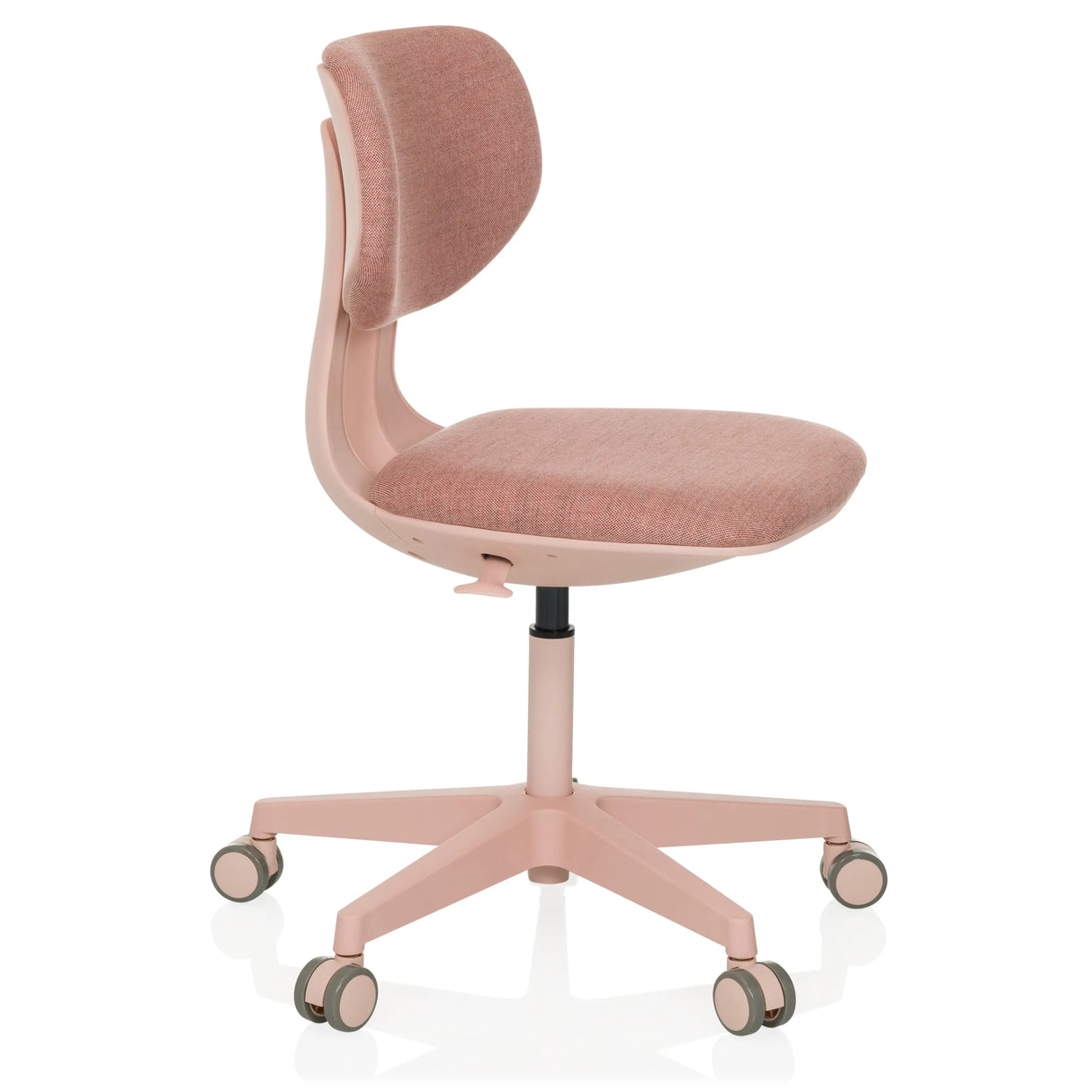 Roze Kinder bureaustoel KID COLORE met gevoerde vlakken en vijfpoot met wieltjes van hjh OFFICE – 360-gradenweergave (schuin vooraanzicht 60°)