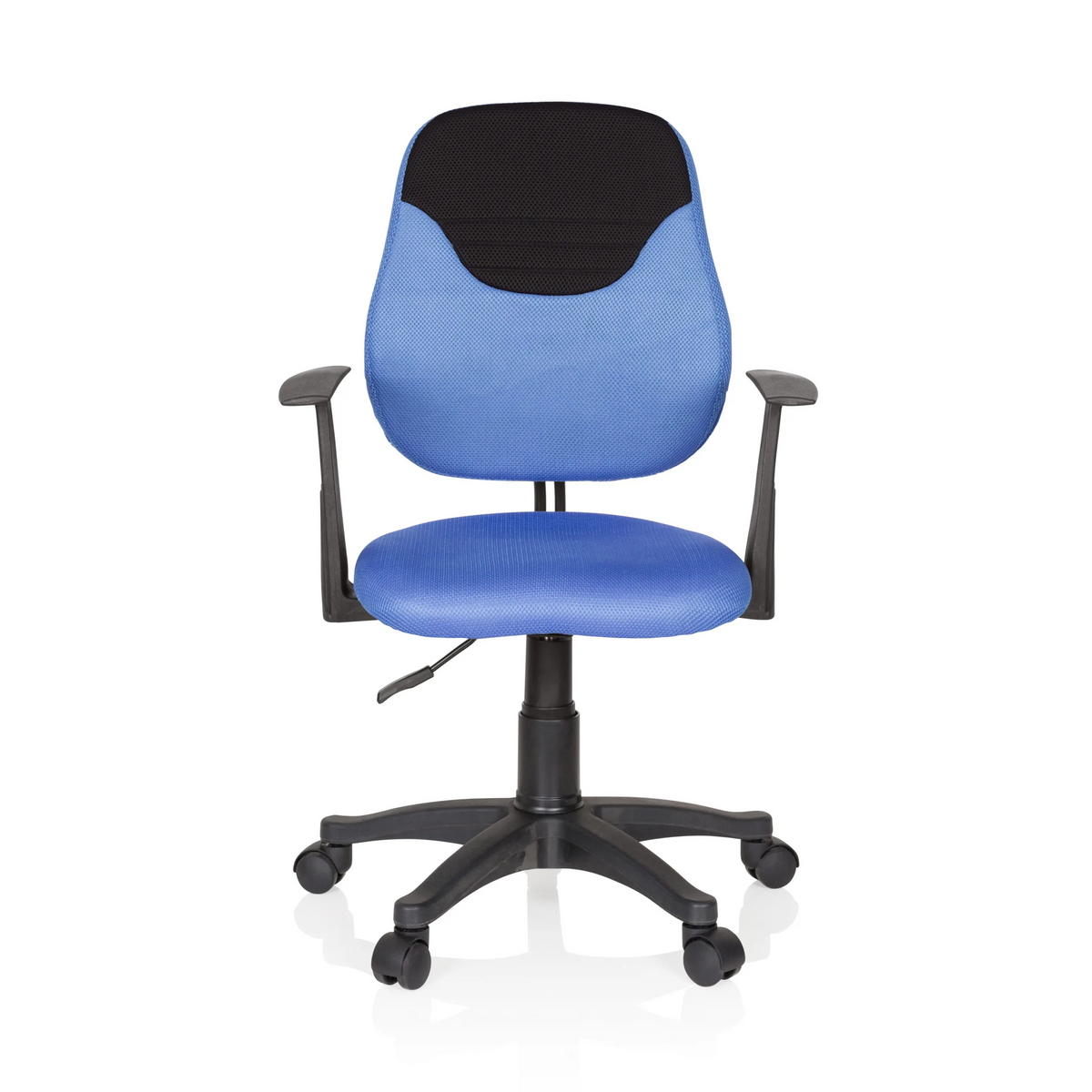 Blauwe Kinder bureaustoel KIDDY STYLE met netrugleuning, armleuningen en vijfpoot met wieltjes van hjh OFFICE – 360-gradenweergave (vooraanzicht 0°)