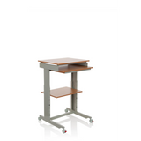Grijs Zit- Sta bureau WORKSTATION in beuken met aflegvlak en vier zwenkwielen van hjh OFFICE – 360-gradenweergave (schuin vooraanzicht 40°)