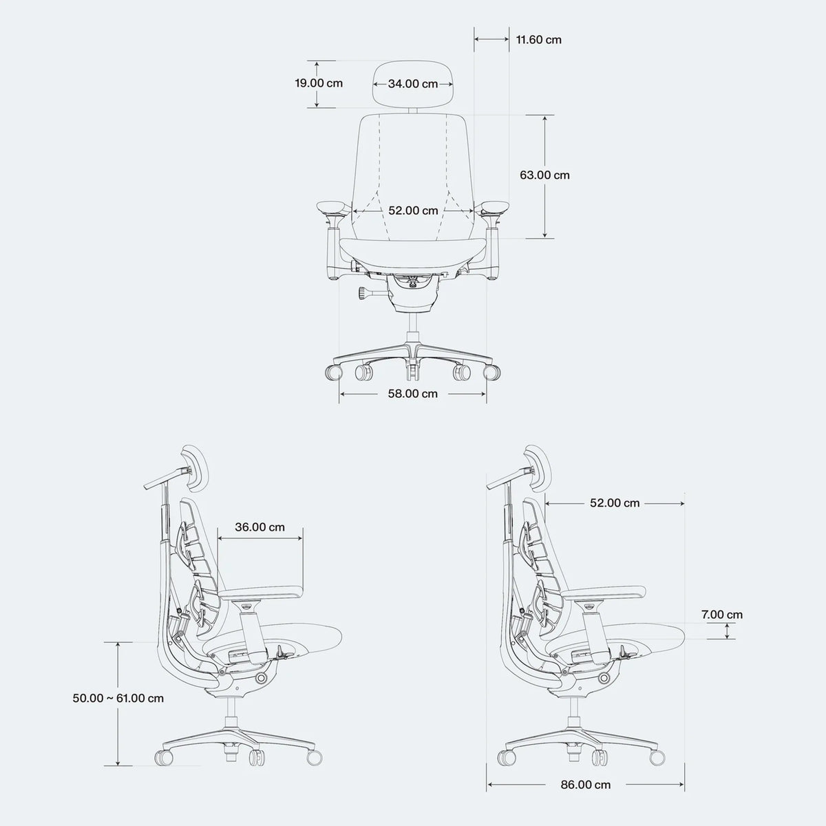 Maattekening van de LiberNovo Maxis Airflow bureaustoel met aanduiding van hoogte, breedte en diepte van Libernovo