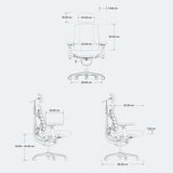 Maattekening van de LiberNovo Maxis Airflow bureaustoel met aanduiding van hoogte, breedte en diepte van Libernovo